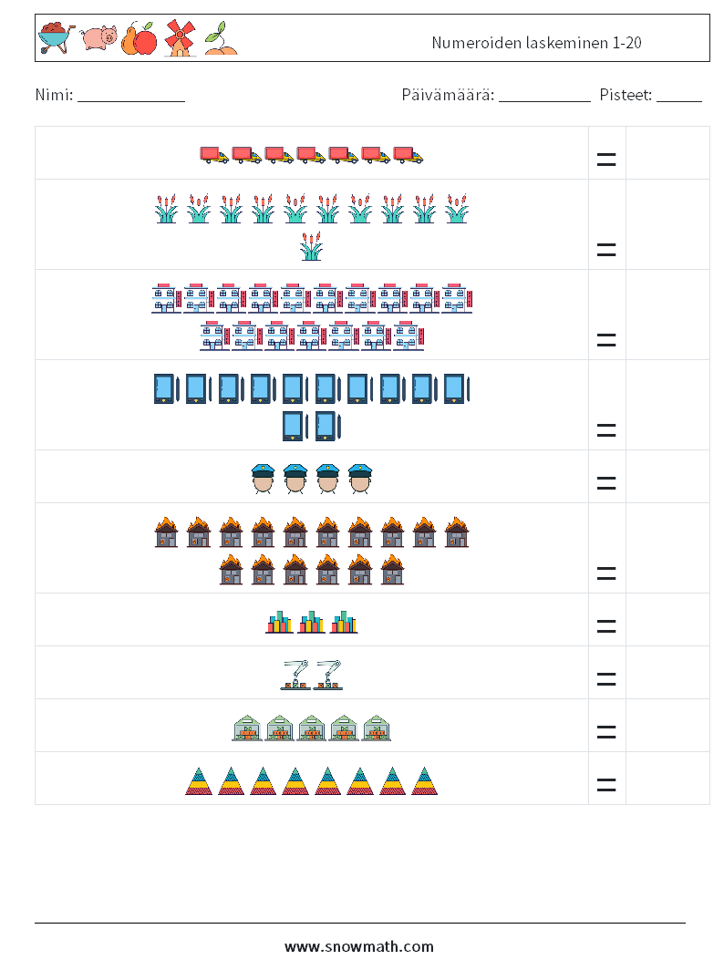 Numeroiden laskeminen 1-20 Matematiikan laskentataulukot 3