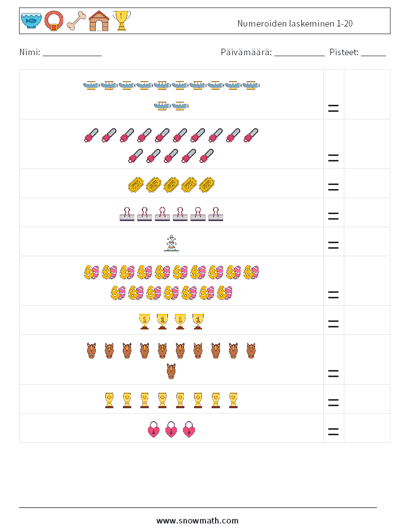 Numeroiden laskeminen 1-20 Matematiikan laskentataulukot 4