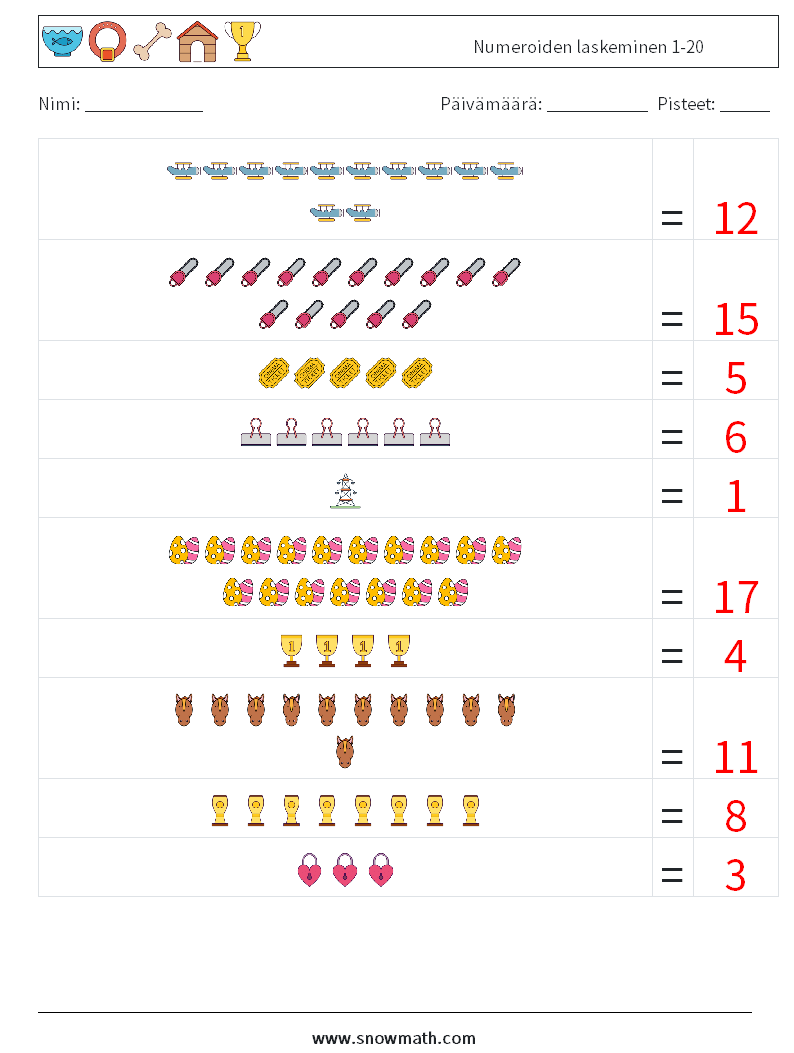 Numeroiden laskeminen 1-20 Matematiikan laskentataulukot 4 Kysymys, vastaus