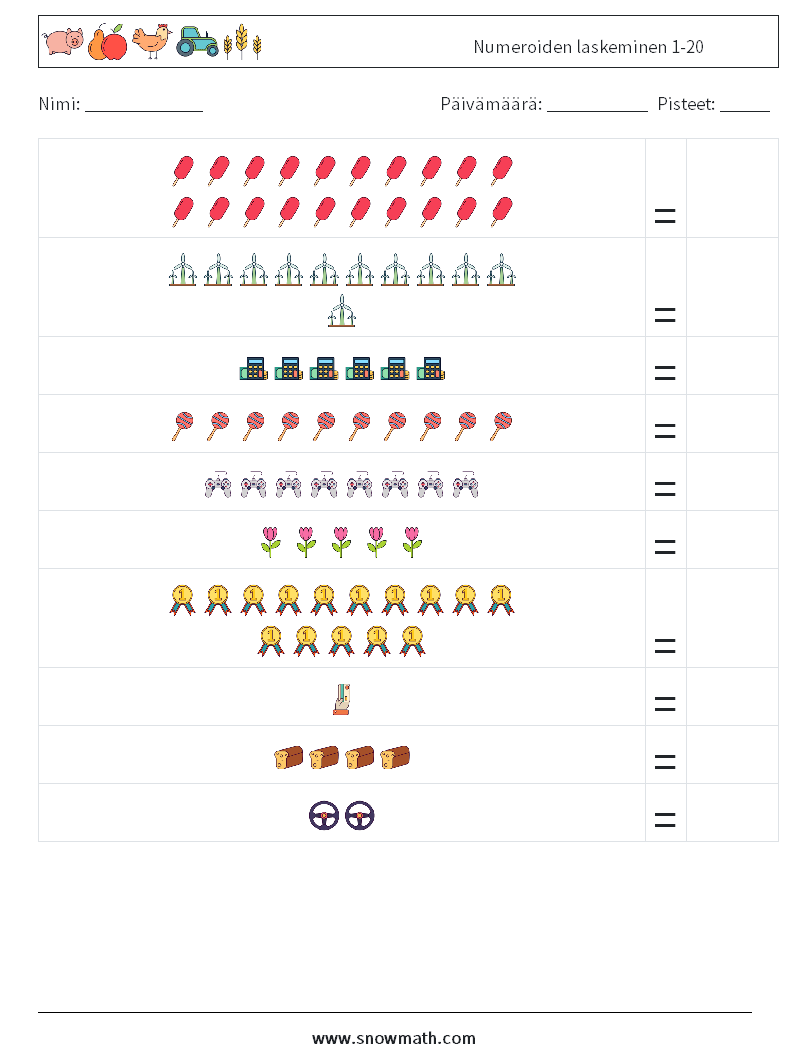 Numeroiden laskeminen 1-20 Matematiikan laskentataulukot 5
