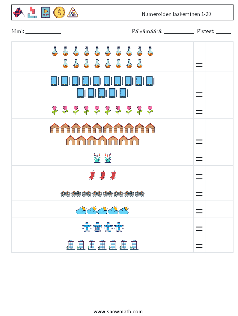 Numeroiden laskeminen 1-20 Matematiikan laskentataulukot 7