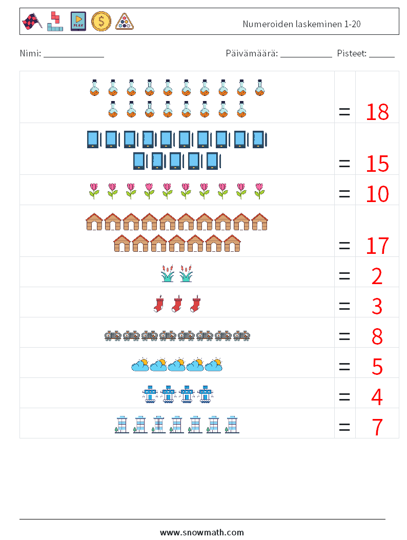 Numeroiden laskeminen 1-20 Matematiikan laskentataulukot 7 Kysymys, vastaus