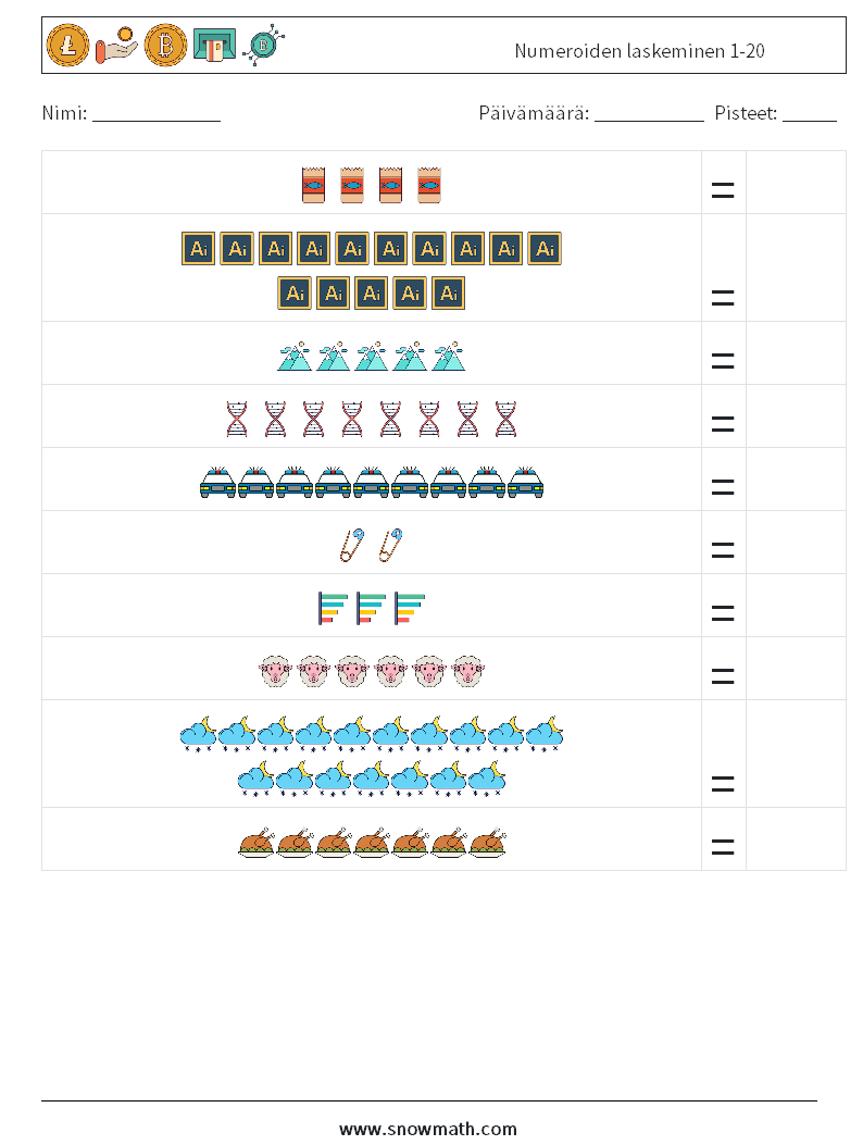 Numeroiden laskeminen 1-20 Matematiikan laskentataulukot 8