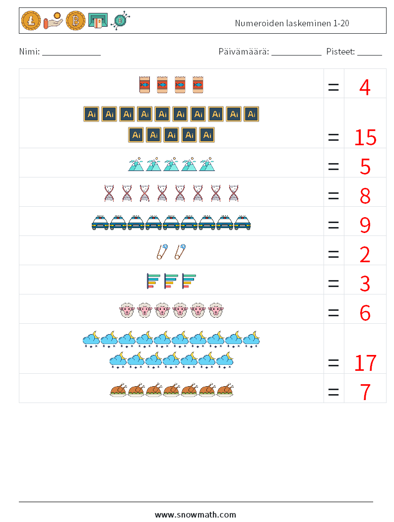 Numeroiden laskeminen 1-20 Matematiikan laskentataulukot 8 Kysymys, vastaus