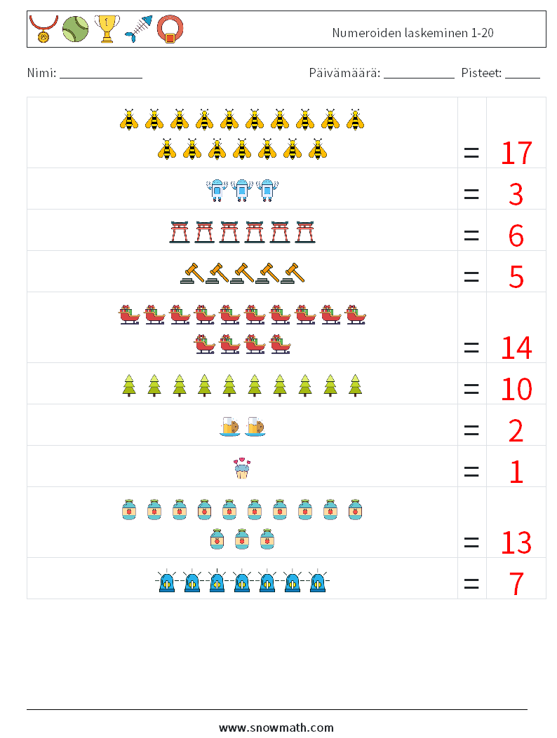 Numeroiden laskeminen 1-20 Matematiikan laskentataulukot 9 Kysymys, vastaus