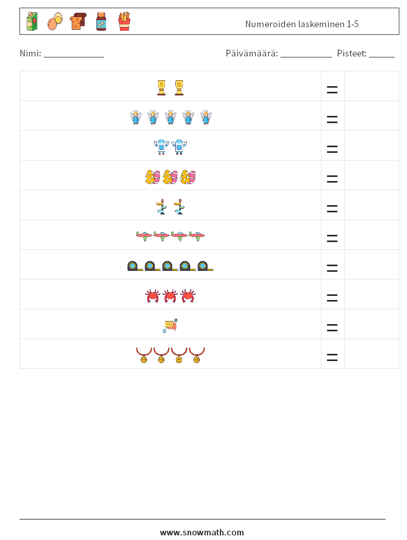 Numeroiden laskeminen 1-5 Matematiikan laskentataulukot 1