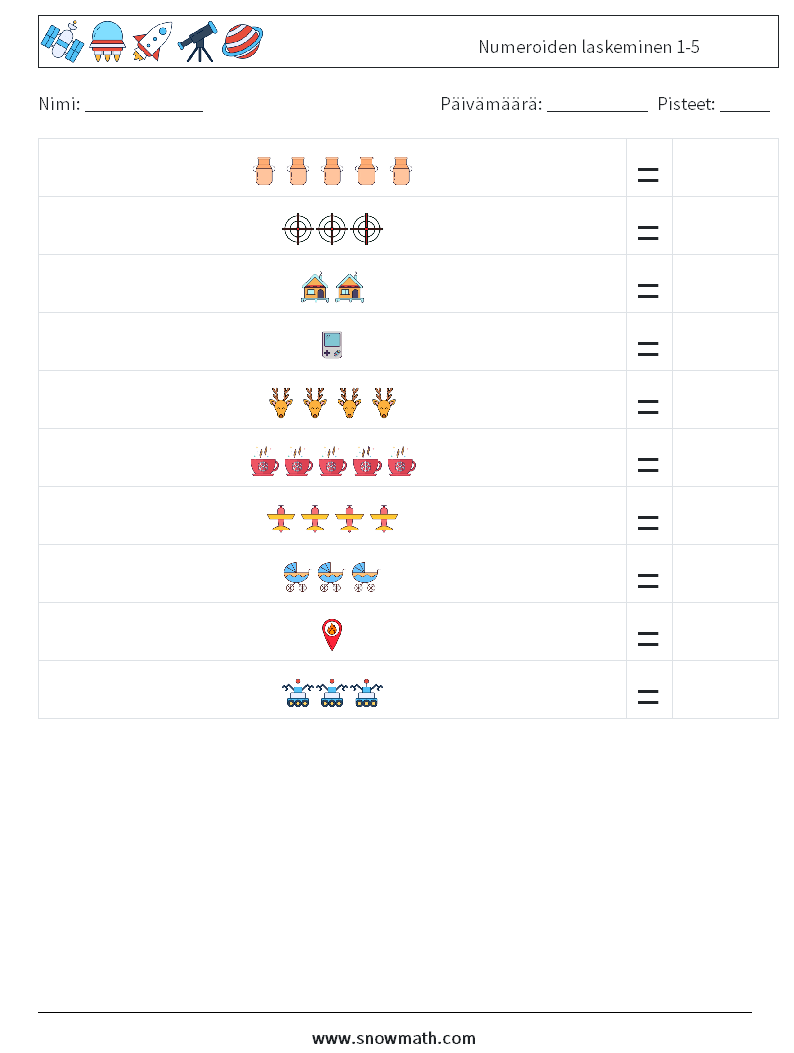 Numeroiden laskeminen 1-5 Matematiikan laskentataulukot 10