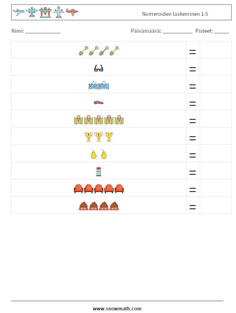 Numeroiden laskeminen 1-5 Matematiikan laskentataulukot 11