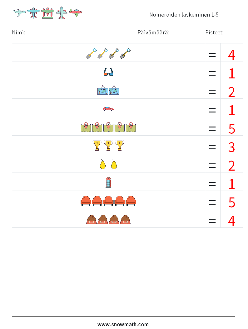 Numeroiden laskeminen 1-5 Matematiikan laskentataulukot 11 Kysymys, vastaus