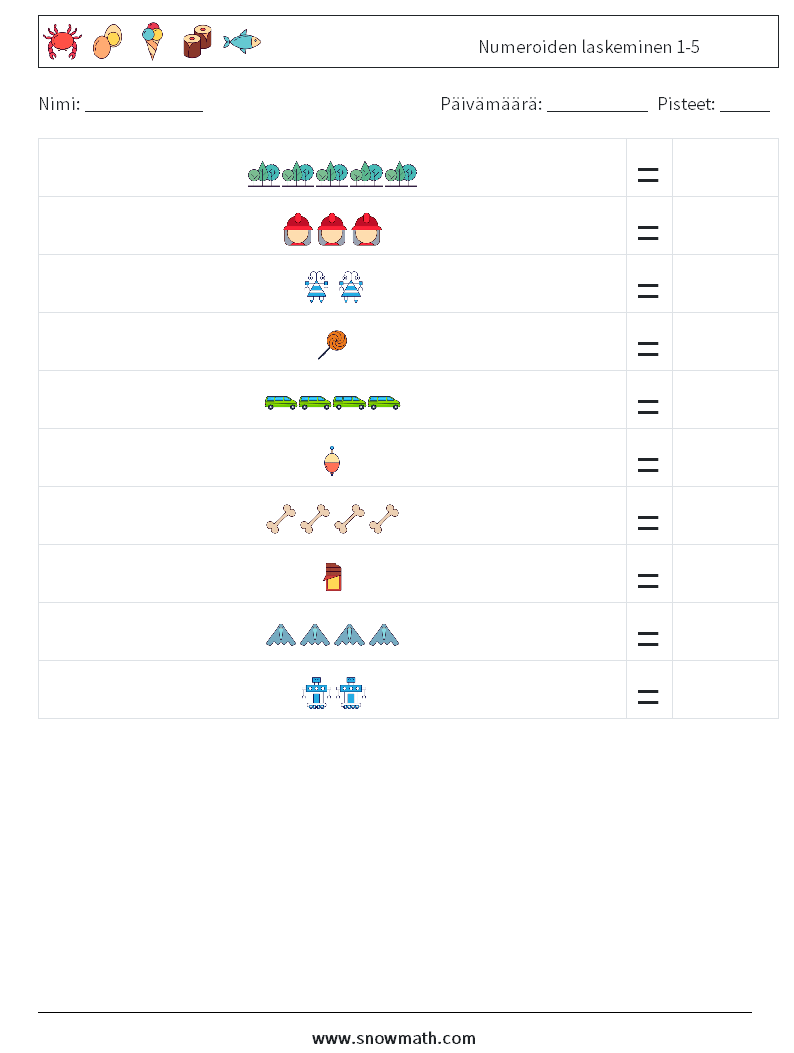 Numeroiden laskeminen 1-5 Matematiikan laskentataulukot 12