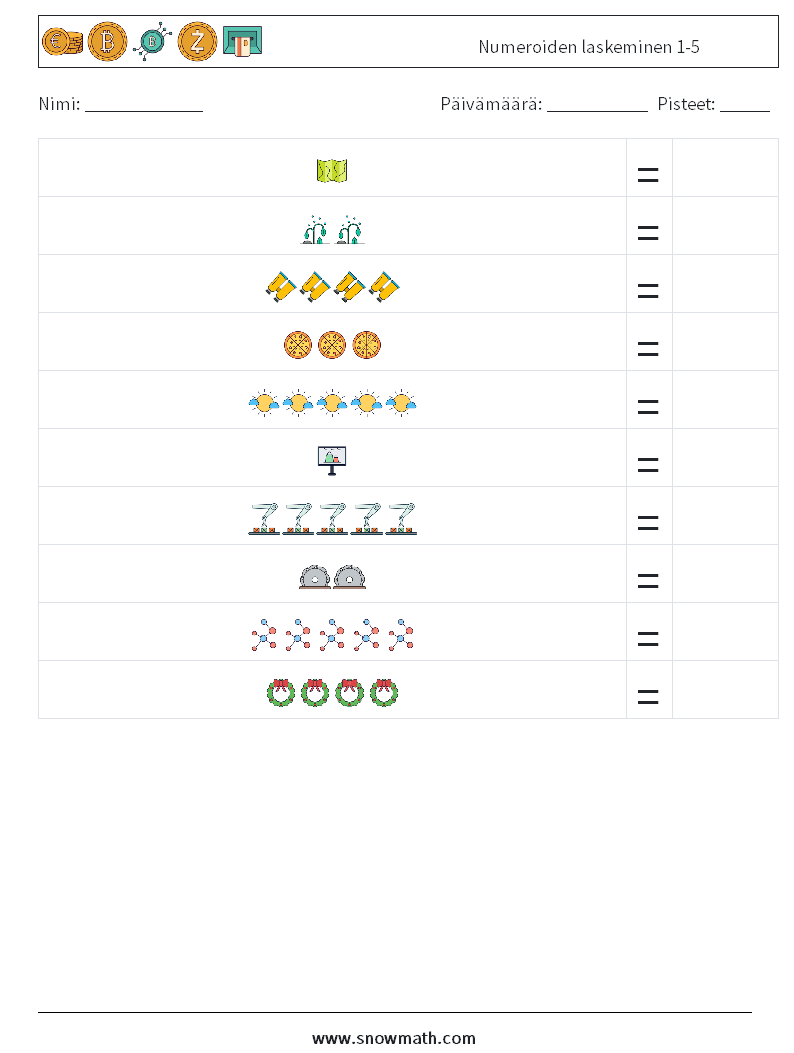 Numeroiden laskeminen 1-5 Matematiikan laskentataulukot 16