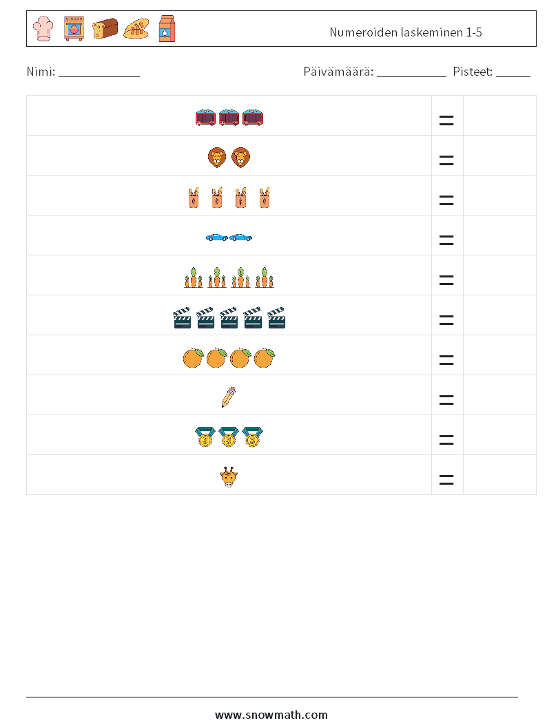 Numeroiden laskeminen 1-5 Matematiikan laskentataulukot 17