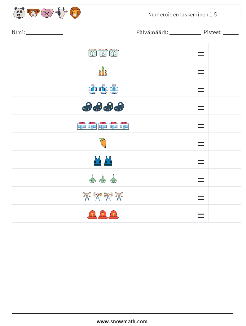 Numeroiden laskeminen 1-5 Matematiikan laskentataulukot 3