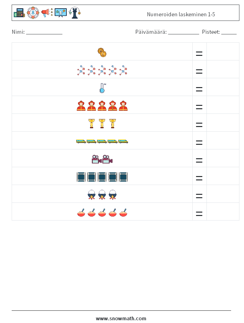 Numeroiden laskeminen 1-5 Matematiikan laskentataulukot 6