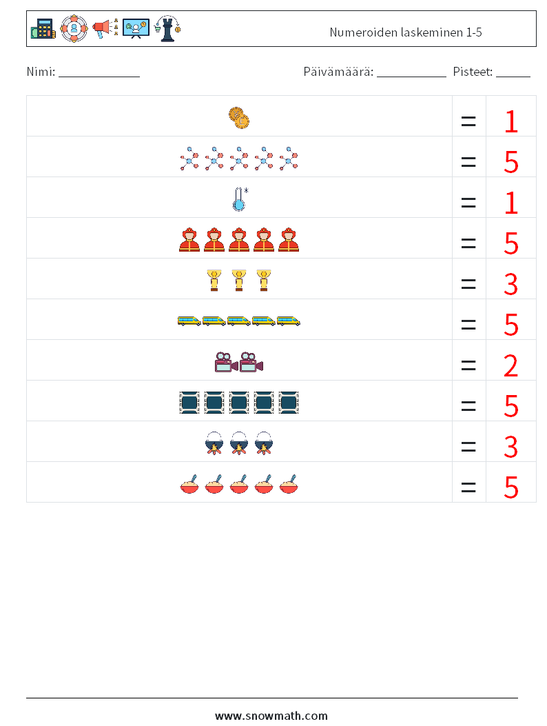 Numeroiden laskeminen 1-5 Matematiikan laskentataulukot 6 Kysymys, vastaus