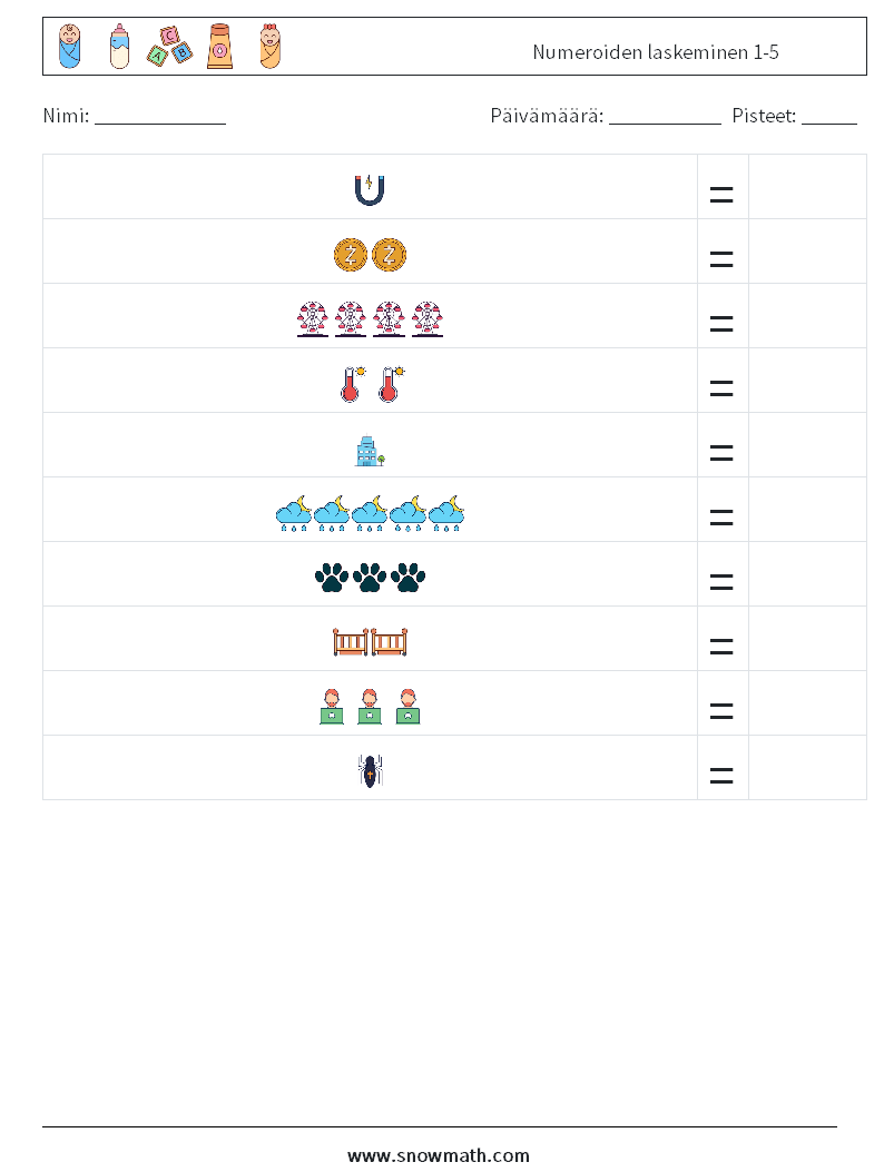 Numeroiden laskeminen 1-5 Matematiikan laskentataulukot 8