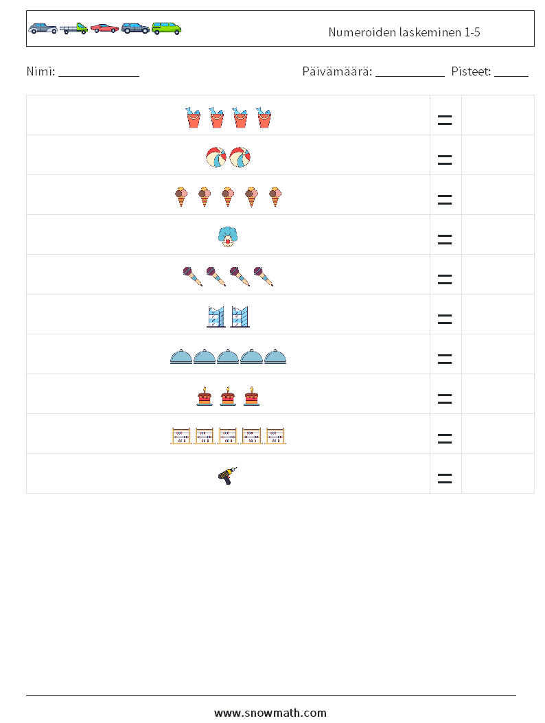 Numeroiden laskeminen 1-5 Matematiikan laskentataulukot 9