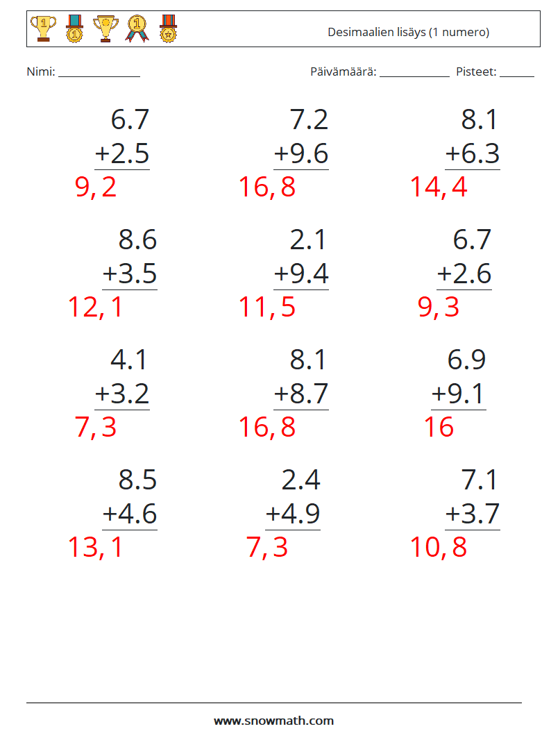 (12) Desimaalien lisäys (1 numero) Matematiikan laskentataulukot 10 Kysymys, vastaus