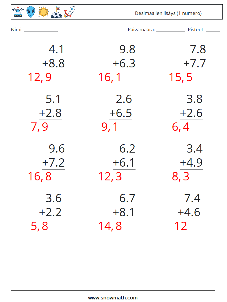 (12) Desimaalien lisäys (1 numero) Matematiikan laskentataulukot 11 Kysymys, vastaus