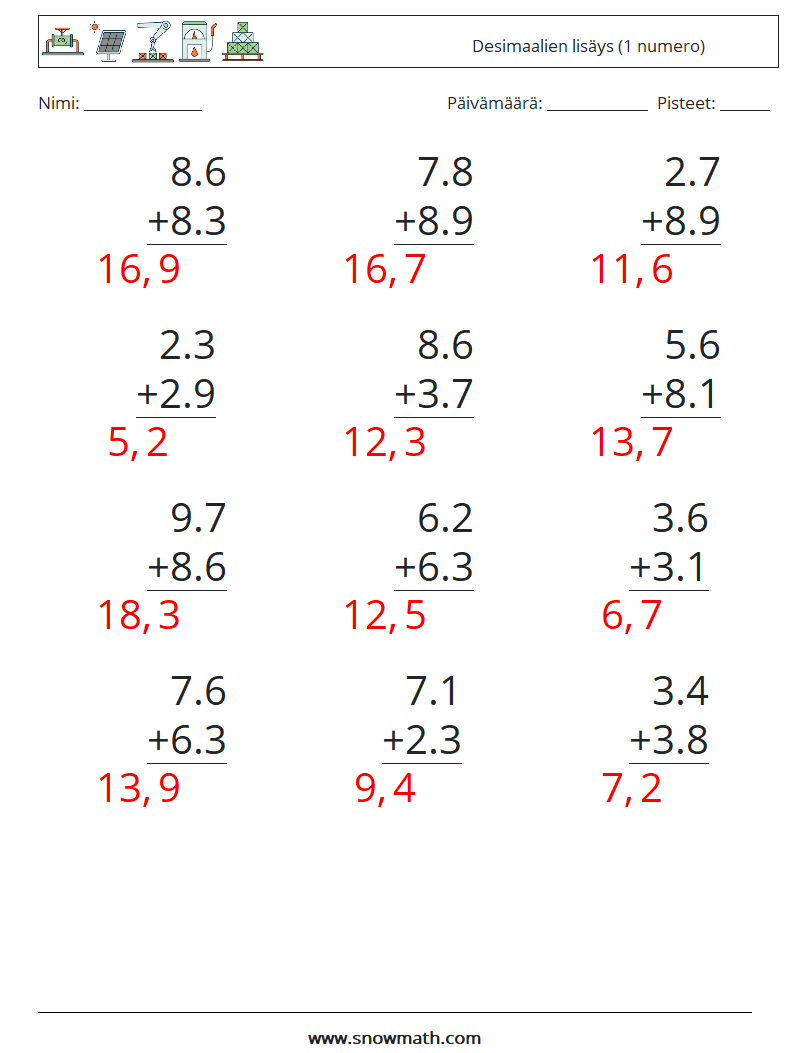 (12) Desimaalien lisäys (1 numero) Matematiikan laskentataulukot 13 Kysymys, vastaus