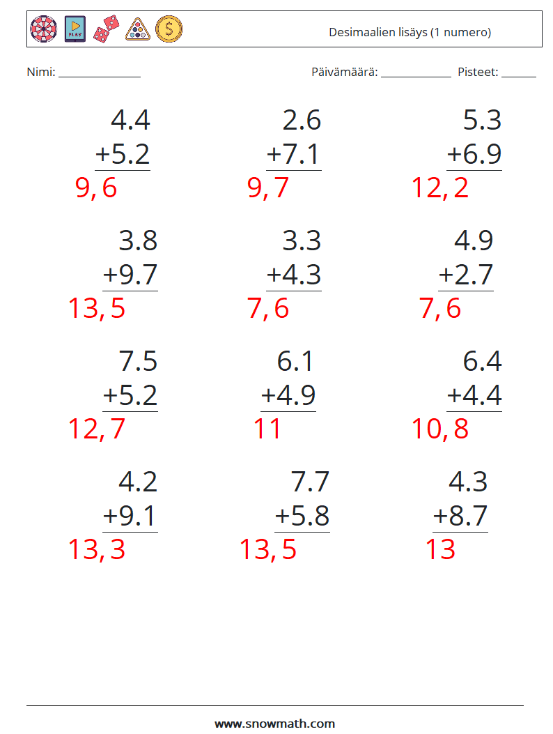 (12) Desimaalien lisäys (1 numero) Matematiikan laskentataulukot 15 Kysymys, vastaus