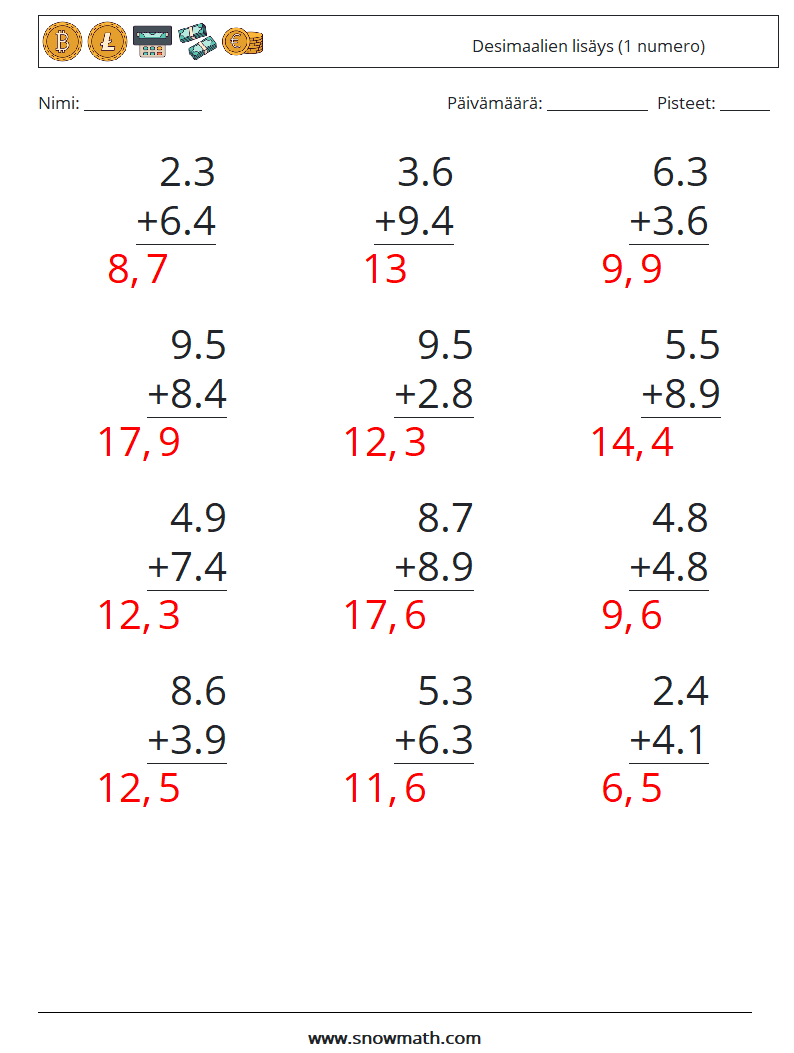 (12) Desimaalien lisäys (1 numero) Matematiikan laskentataulukot 1 Kysymys, vastaus