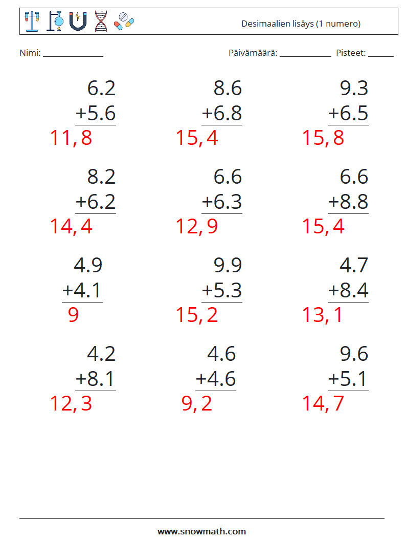 (12) Desimaalien lisäys (1 numero) Matematiikan laskentataulukot 2 Kysymys, vastaus