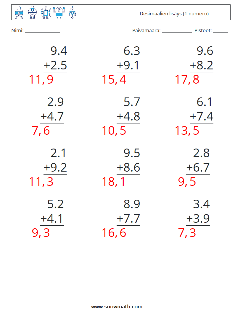 (12) Desimaalien lisäys (1 numero) Matematiikan laskentataulukot 3 Kysymys, vastaus