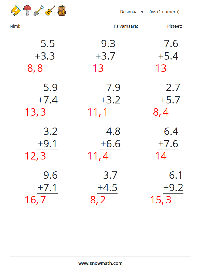 (12) Desimaalien lisäys (1 numero) Matematiikan laskentataulukot 4 Kysymys, vastaus