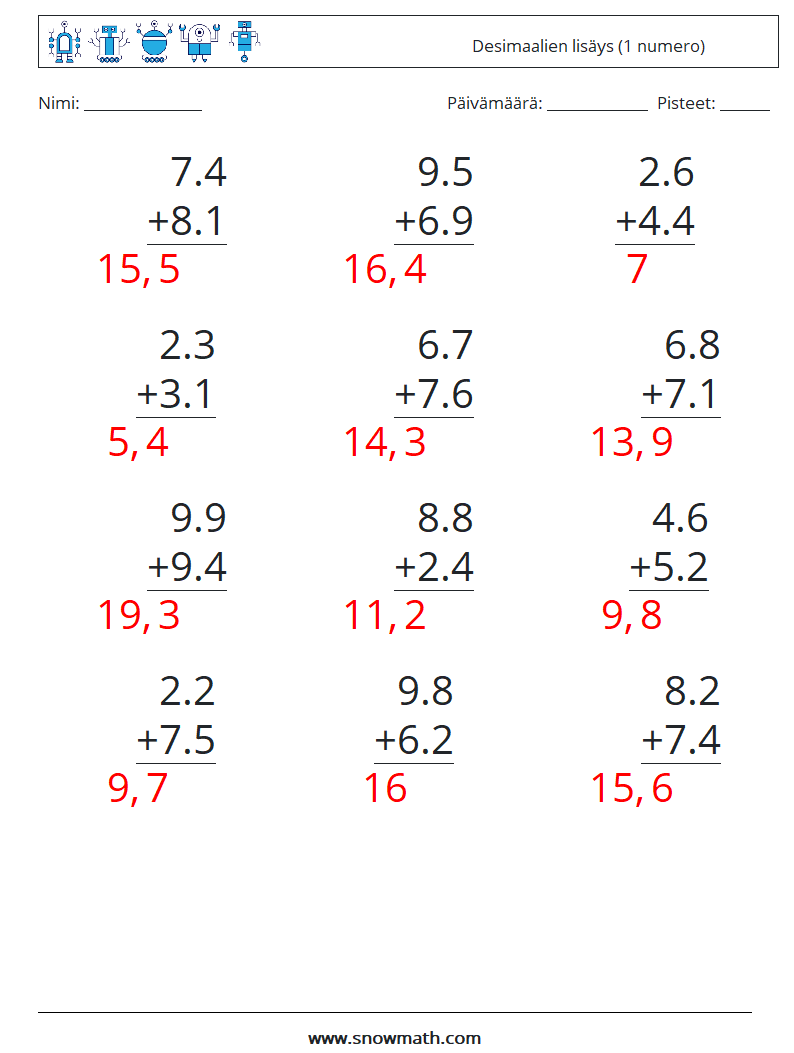 (12) Desimaalien lisäys (1 numero) Matematiikan laskentataulukot 5 Kysymys, vastaus