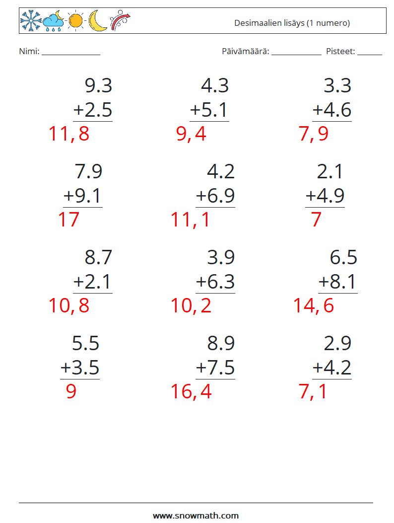 (12) Desimaalien lisäys (1 numero) Matematiikan laskentataulukot 8 Kysymys, vastaus