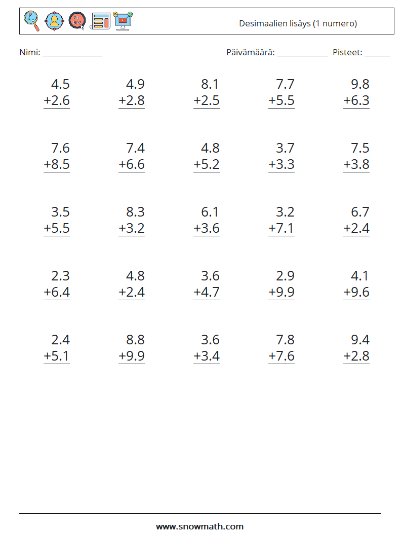 (25) Desimaalien lisäys (1 numero) Matematiikan laskentataulukot 10