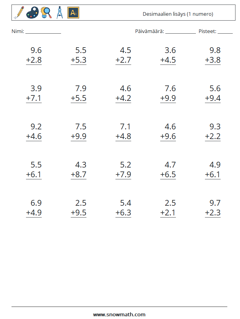 (25) Desimaalien lisäys (1 numero) Matematiikan laskentataulukot 11