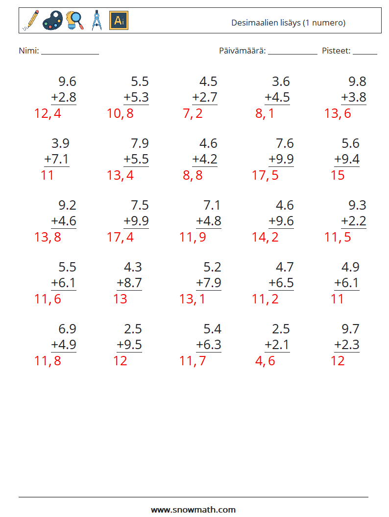 (25) Desimaalien lisäys (1 numero) Matematiikan laskentataulukot 11 Kysymys, vastaus