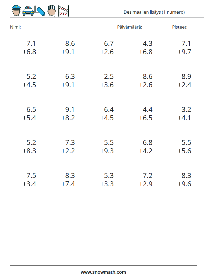 (25) Desimaalien lisäys (1 numero) Matematiikan laskentataulukot 12