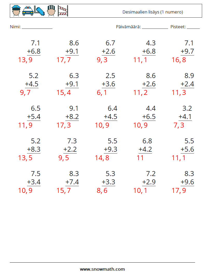 (25) Desimaalien lisäys (1 numero) Matematiikan laskentataulukot 12 Kysymys, vastaus