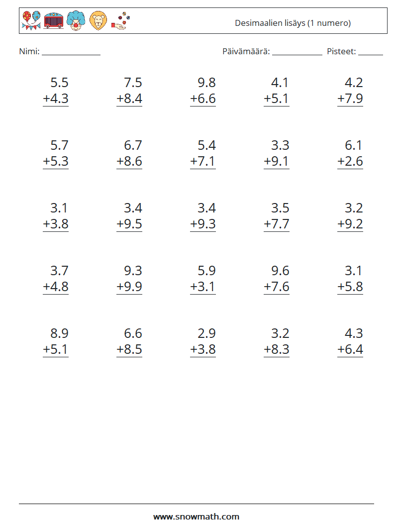 (25) Desimaalien lisäys (1 numero) Matematiikan laskentataulukot 13