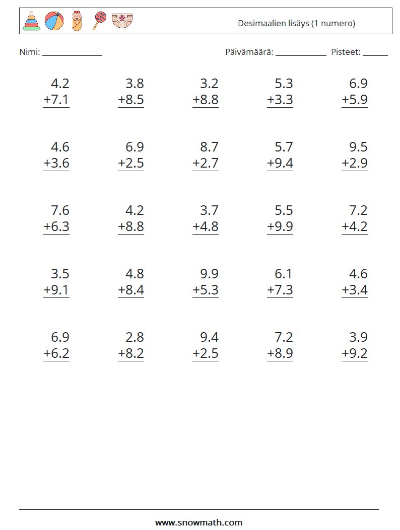 (25) Desimaalien lisäys (1 numero) Matematiikan laskentataulukot 14