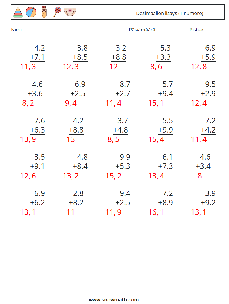 (25) Desimaalien lisäys (1 numero) Matematiikan laskentataulukot 14 Kysymys, vastaus