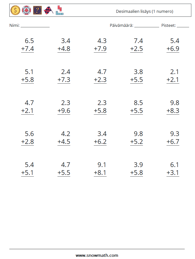 (25) Desimaalien lisäys (1 numero) Matematiikan laskentataulukot 15