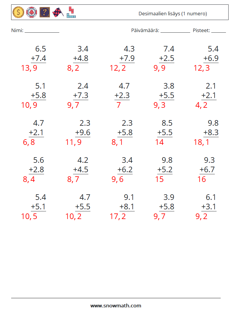 (25) Desimaalien lisäys (1 numero) Matematiikan laskentataulukot 15 Kysymys, vastaus