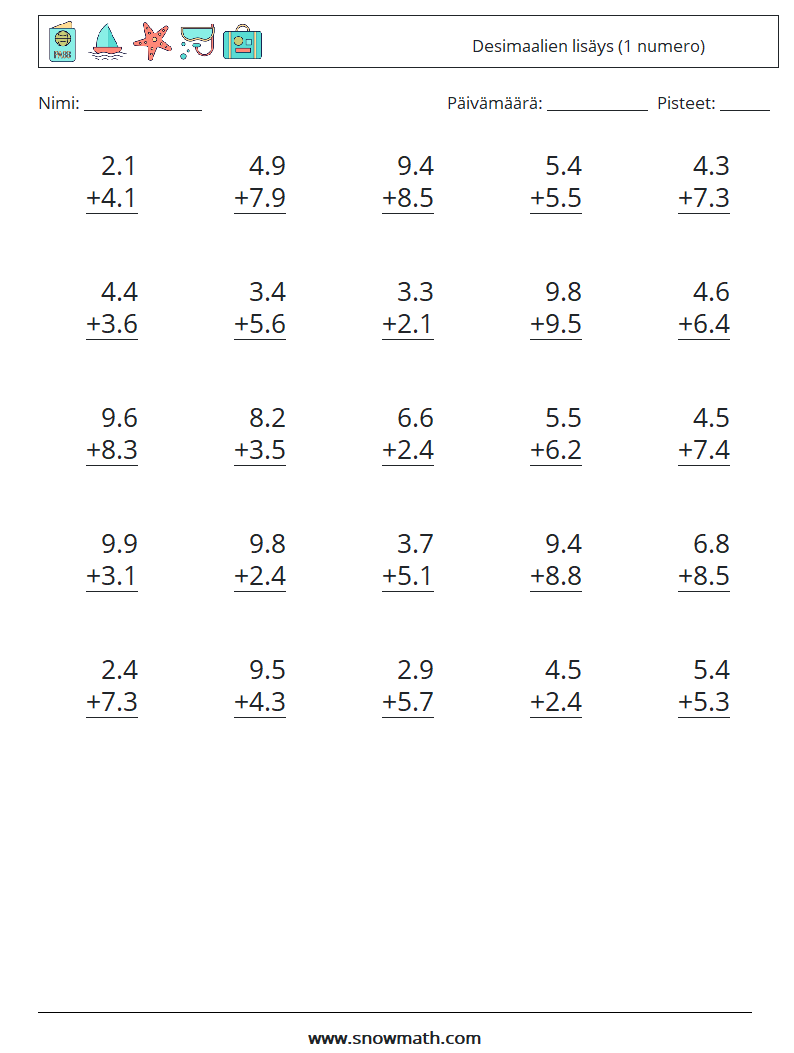 (25) Desimaalien lisäys (1 numero) Matematiikan laskentataulukot 16