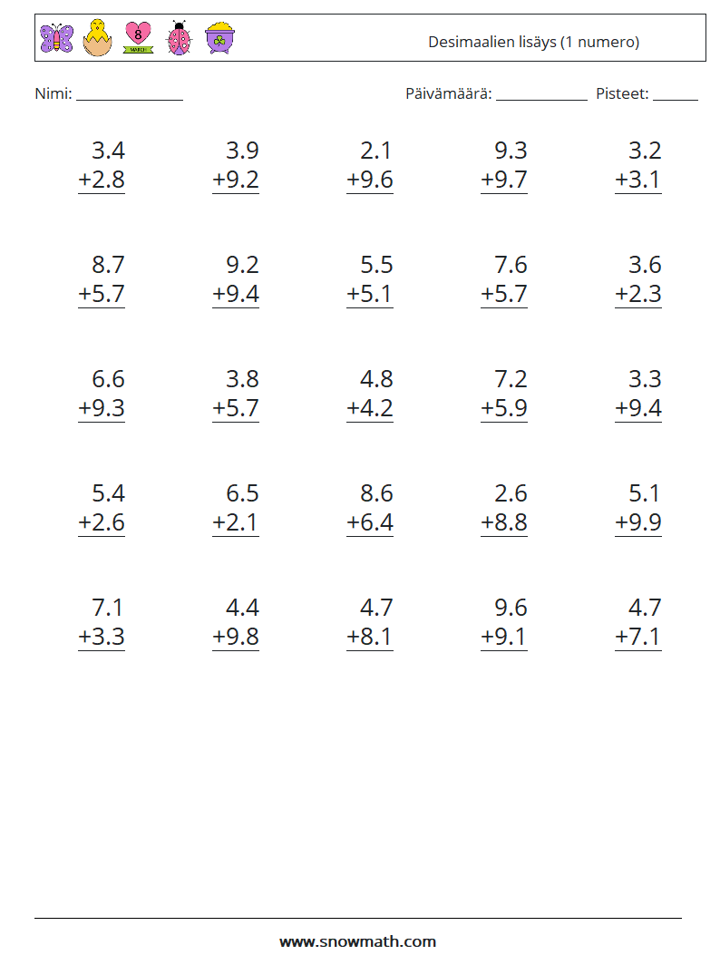 (25) Desimaalien lisäys (1 numero) Matematiikan laskentataulukot 17