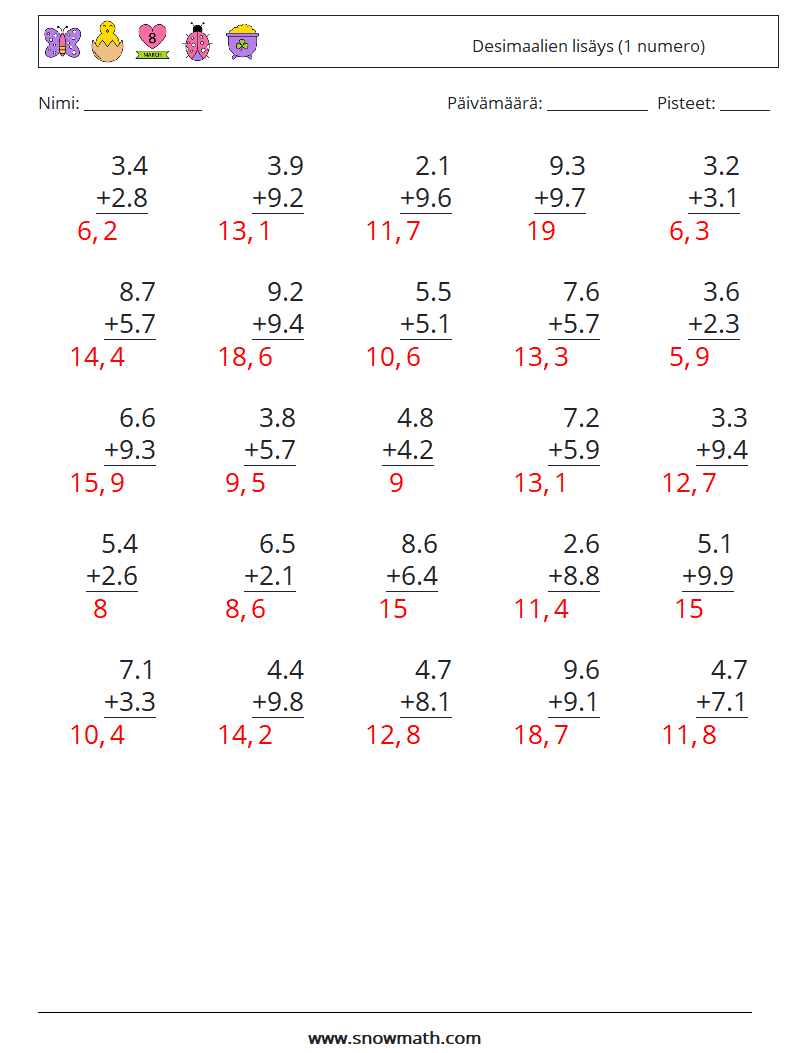 (25) Desimaalien lisäys (1 numero) Matematiikan laskentataulukot 17 Kysymys, vastaus