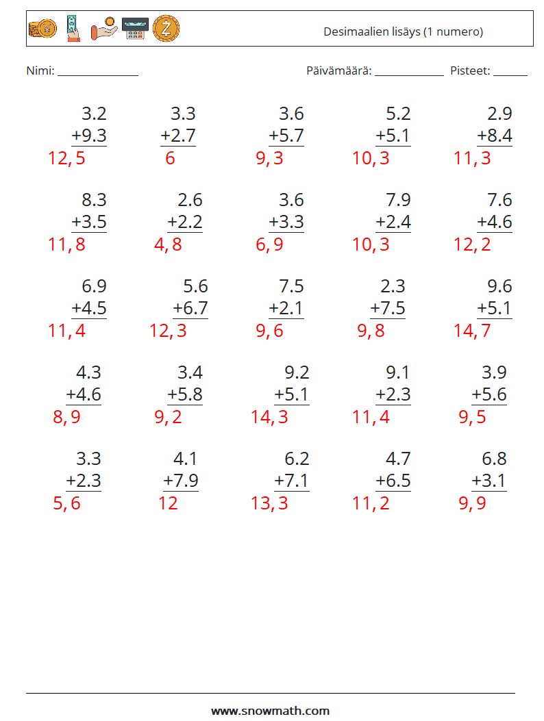 (25) Desimaalien lisäys (1 numero) Matematiikan laskentataulukot 1 Kysymys, vastaus