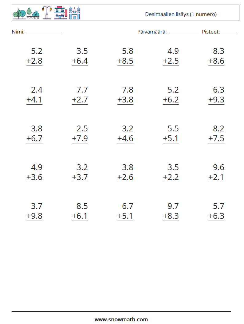 (25) Desimaalien lisäys (1 numero) Matematiikan laskentataulukot 2