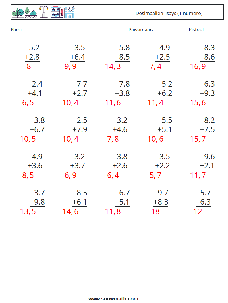 (25) Desimaalien lisäys (1 numero) Matematiikan laskentataulukot 2 Kysymys, vastaus