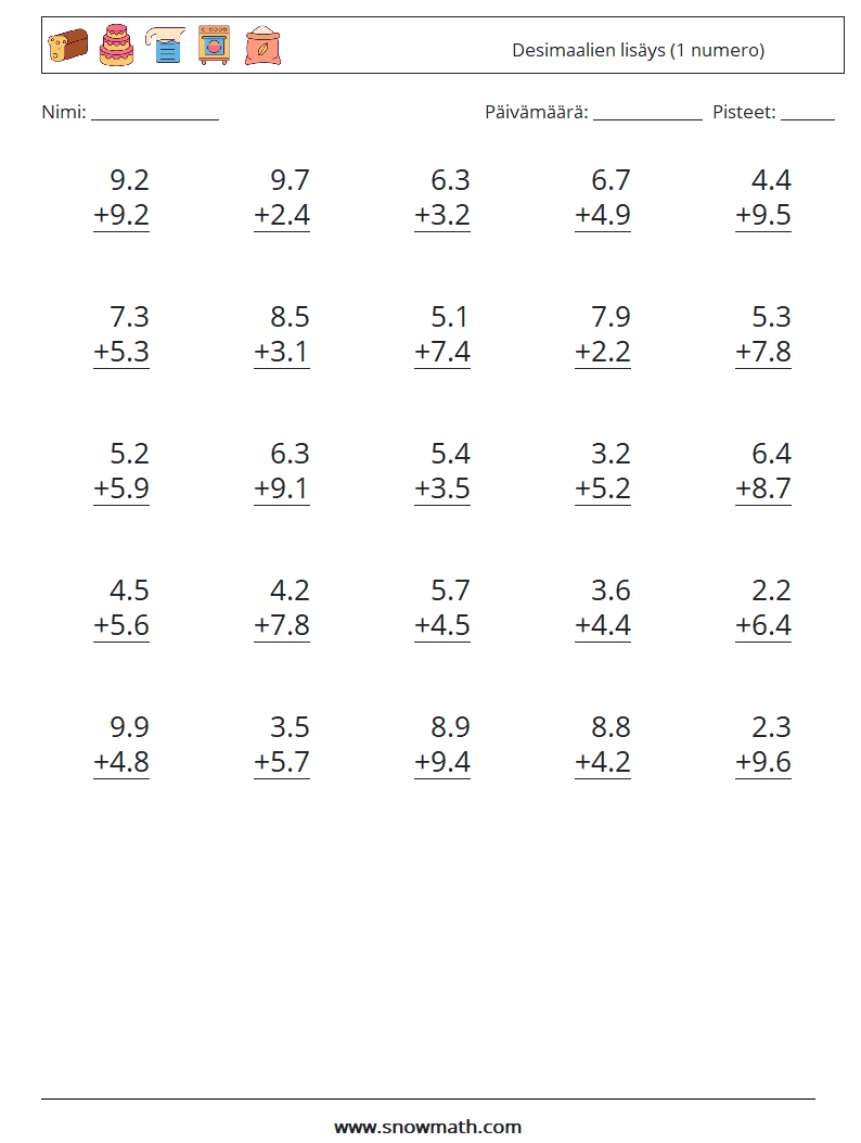 (25) Desimaalien lisäys (1 numero) Matematiikan laskentataulukot 3