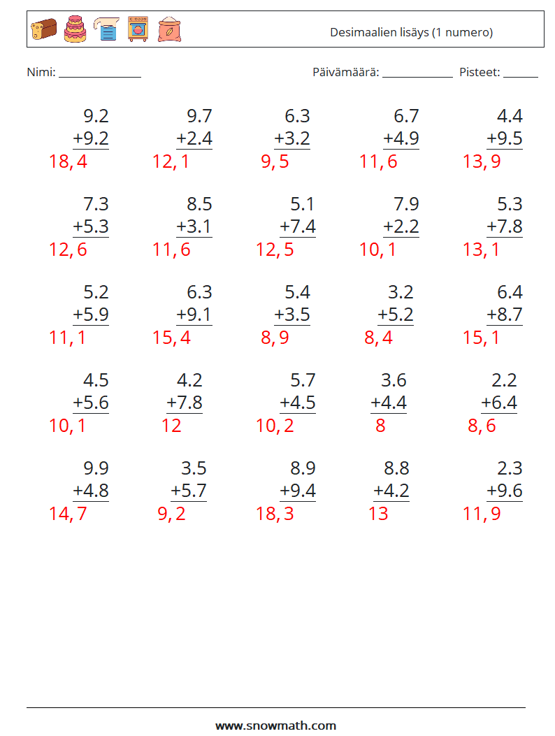 (25) Desimaalien lisäys (1 numero) Matematiikan laskentataulukot 3 Kysymys, vastaus