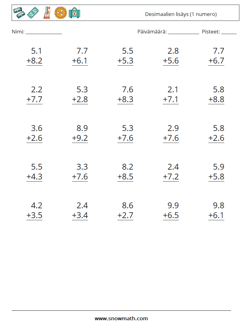 (25) Desimaalien lisäys (1 numero) Matematiikan laskentataulukot 4